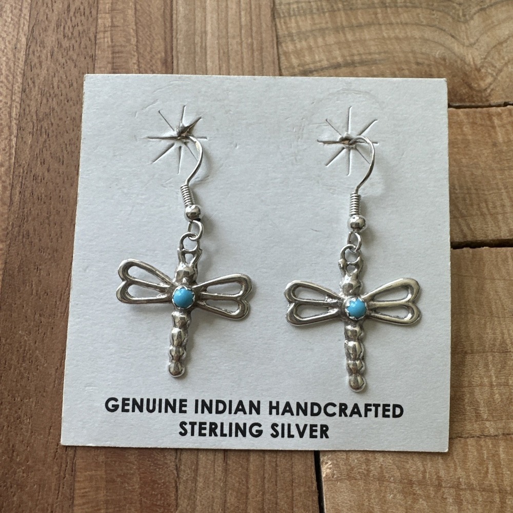 VTG Native‎ American Dragonfly Earrings 1.5 Inch Turquoise 925 Sterling 2.5g New